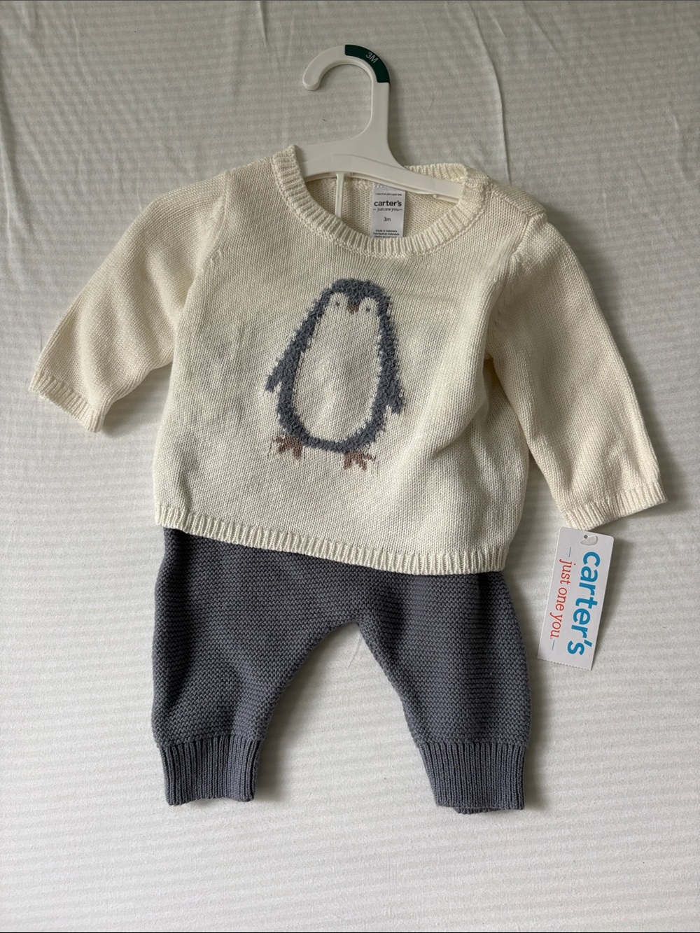 Carter's Cream Penguin Knit Sweater & Gray Jogger Set